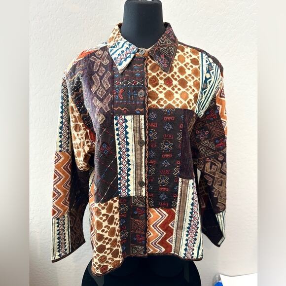 CHICO’S Vintage Patchwork Tribal Print Jacket Multicolor Button Front Size 3 XL - Picture 2 of 8